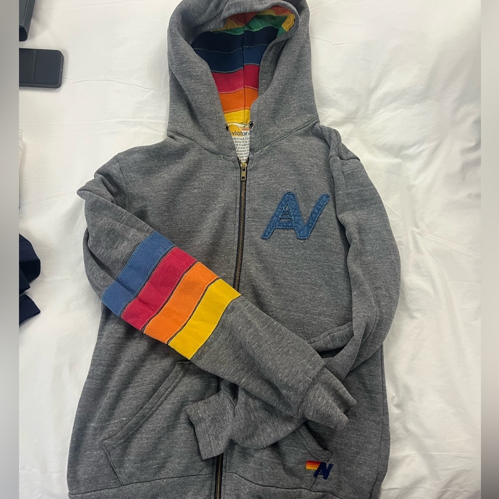 Aviator Nation - Embroidered rainbow stitch zip up hoodie - size s fits like “m”